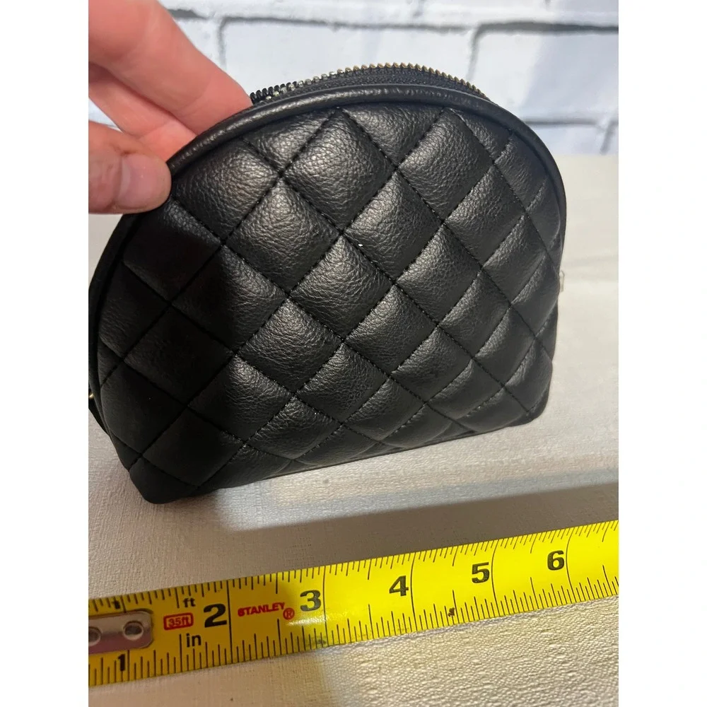 Betsey Johnson Black Quilted Faux Leather Dome Cosmetic Makeup Bag Gold Logo